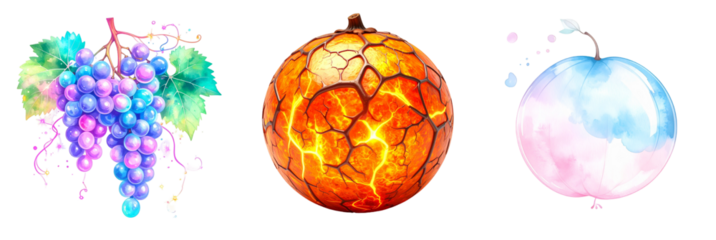 Whimsical fruit trio glows vividly