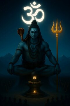 Divine Meditation of Lord Shiva Surrounded by Cosmic Energy, Trishul, Serpent, and the Glowing Om Symbol at Night