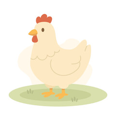 Cartoon chicken stands on green grass with calm look, chicken fits farm visuals and rural life scenes, chicken perfect for kids books, poultry content, and educational use.
