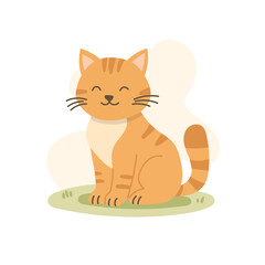 Cartoon orange cat sits smiling on green patch, cat adds charm to cozy farm visuals, cat perfect for kids books, educational projects, and animal-themed illustrations.