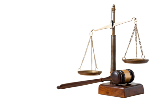 An image displaying a scale of justice and a gavel on a wooden block against a black background