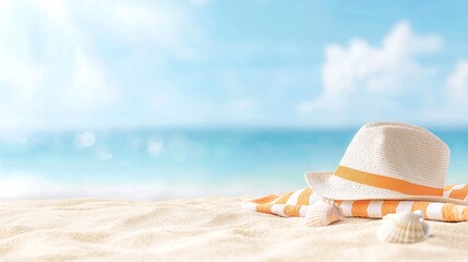 Summer Beach Scene: Straw Hat and Orange Striped Towel on Sandy Beach