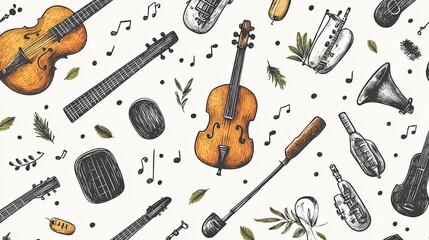 A whimsical dance of musical instruments in harmony creating a joyful symphony of sound and artistry with delicate line