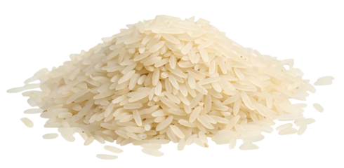 A heap of long grain rice grains piled together on a black background in a studio setting shot