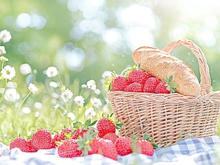Summer Picnic Basket with Strawberries and Baguette