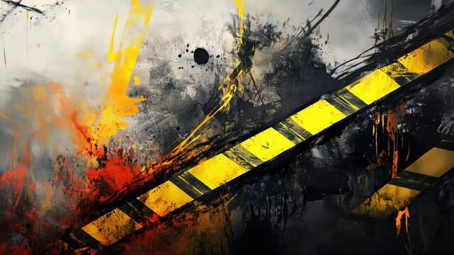 Police line do not cross tape fluttering over grungy black-and-yellow textured background with smoke and sparks, dramatic cinematic crime scene animation