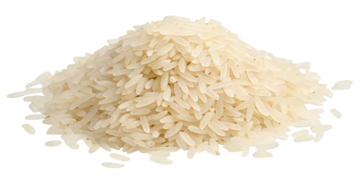 A heap of long grain rice grains piled together on a black background in a studio setting shot