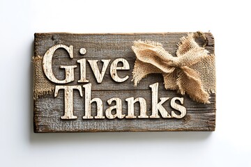 A wooden sign with the words give thanks and a burlap bow displayed on a white surface background background texture video