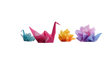 Colorful Origami Swans and Flowers on Transparent Background, PNG