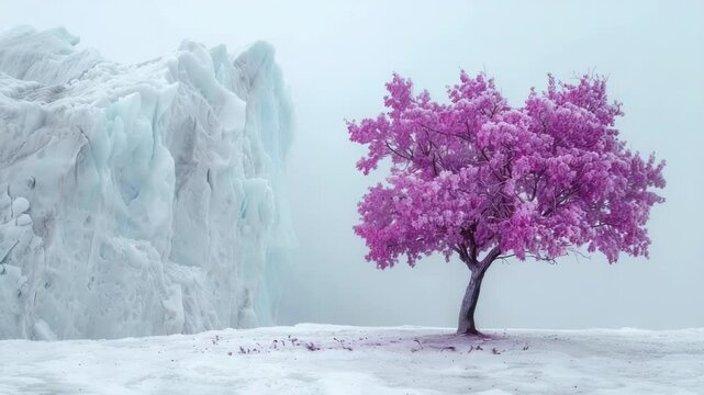 Pink tree in winter landscape with ice and snow scenic nature view