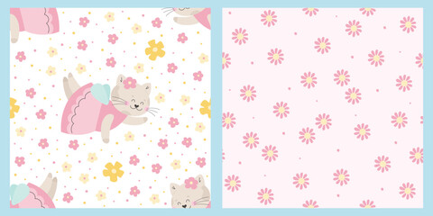 Magic cat with flowers seamless pattern collection