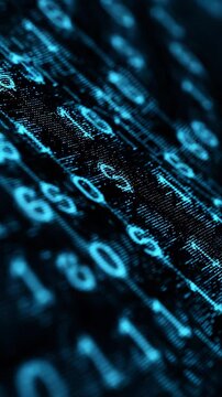 Stream of glowing blue binary code interspersed with dollar signs, digital finance and data flow background, abstract financial technology animation