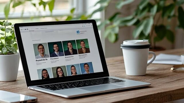 Laptop displaying a webpage with multiple headshots on a wooden desk near plants and a coffee cup