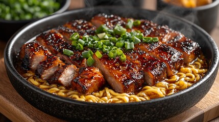Steaming ramen bowl with grilled, glazed pork. Topped with green onions