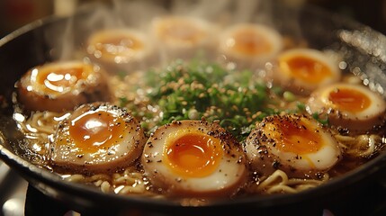 Steaming ramen bowl with perfectly cooked eggs, noodles, and herbs