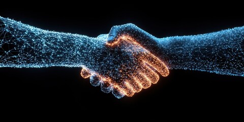 business successful development concept. Digital handshake representing collaboration and technology innovation.
