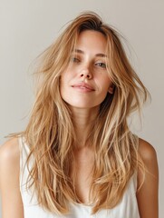 Fototapeta premium A woman with long blonde hair is posing for a picture