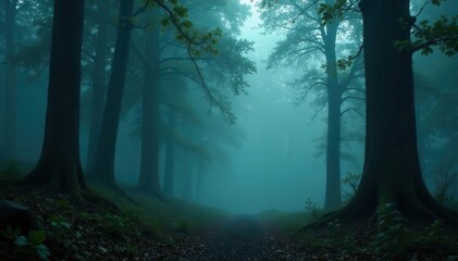 Obraz premium Dark, misty forest; ancient trees shrouded in fog , atmosphere, tone