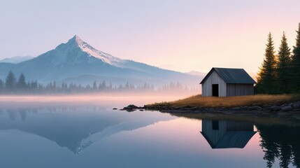 Fototapeta premium a solitary cabin by a mountain lake, with still reflections and evening glow, realistic details