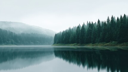 a tranquil lake in the middle of a dense foggy forest, soft muted colors, realistic mood