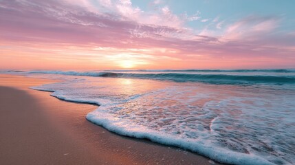 an empty beach at twilight with gentle waves and pink-orange sky, cinematic atmosphere