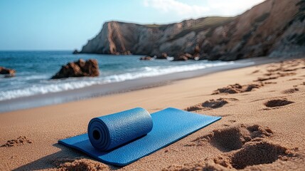 Embrace serenity with beach yoga find inner peace on the sandy shore with gentle waves and a stunning coastal cliff