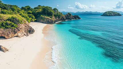 Obraz premium Paradise found Turquoise waters meet pristine sands inviting tranquility and escape along Caribbean shores aerial view