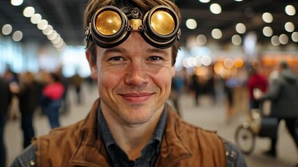 Smiling man wearing steampunk goggles and brown vest at an indoor event. Blurred background shows many people - Powered by Adobe