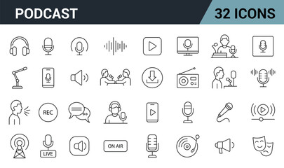 Podcast Line Editable Icons Set. Includes Microphones, Headphones, Sound Waves, Recording, Streaming, Radio, Interview Scenes, and More. Vector Illustration.