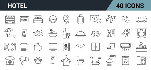 Hotel Line Editable Icons Set. Includes Bed, Room Key, Reception, Spa, Pool, Luggage, WiFi, Air Conditioning, and more. Vector Illustration.