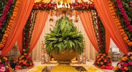 Elaborate floral display at a ceremony.  A ceremony space adorned with vibrant flowers and decorations