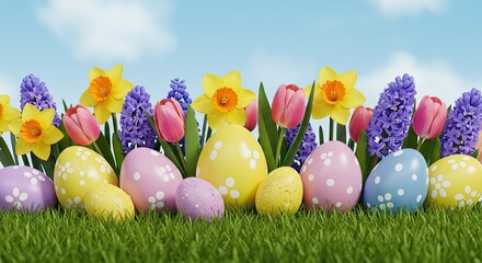 Easter eggs and flowers in a grassy border