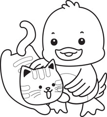 Coloring book of Cute Duck icon. Outline of  Funny baby Duck animal series stock illustration. life of fluffy Duck designs.