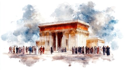 Rebuilding of the Temple in Ezra: Old Testament Watercolor Illustration