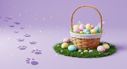 Easter basket filled with colorful eggs sits on a bed of grass.  Pet footprints subtly guide the viewer's eye to the basket