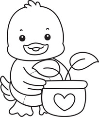 Coloring book of Cute Duck icon. Outline of  Funny baby Duck animal series stock illustration. life of fluffy Duck designs.