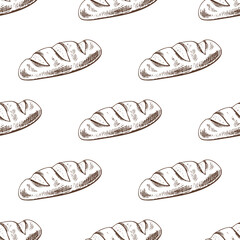 Hand drawn vintage seamless pattern of french baguette bread in engraving sketch style in brown monochrome ink
