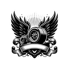 Obraz premium Winged Tire Emblem Vector Illustration with Banner and Stars in Black and White Style Perfect for Racing or Motorcycle Club Logo