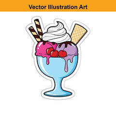 Delicious Ice Cream Sundae Vector Illustration with Cherries and Waffle Cookies