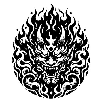Flaming Demon Mask Vector Illustration in Black and White Style with Fierce Expression Fire Elements and Tribal Tattoo Design