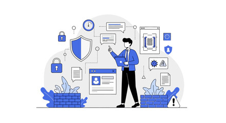 Illustration of cybersecurity management and data protection concept with digital security icons