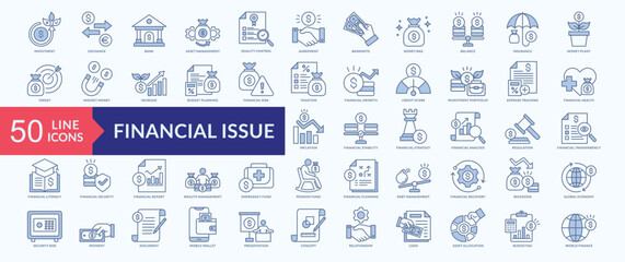 Financial issue icon collection set with investment, asset management, quality control, insurance, budget planning