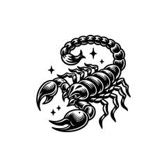 Tribal Scorpion Vector Illustration in Black and White Style with Sharp Claws Curved Tail and Detailed Tattoo Design