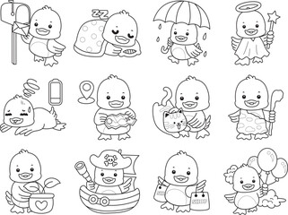 Coloring book of Cute Duck icon. Outline of  Funny baby Duck animal series stock illustration. life of fluffy Duck designs.
