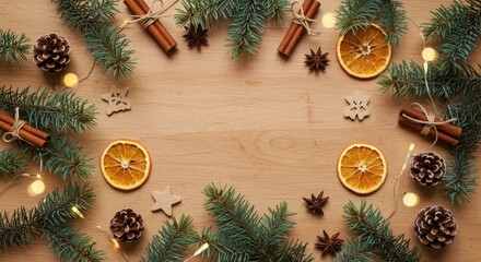 Festive Christmas border on light wood