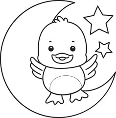 Coloring book of Cute Duck icon. Outline of  Funny baby Duck animal series stock illustration. life of fluffy Duck designs.