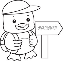 Coloring book of Cute Duck icon. Outline of  Funny baby Duck animal series stock illustration. life of fluffy Duck designs.