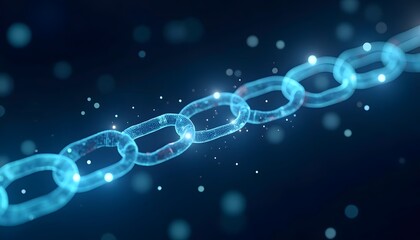 A futuristic image of interconnected chain links glow against a dark background. The image highlights the concept of connectivity, data security, and decentralization in the digital age. 
