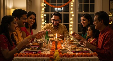 Family gathered for a festive dinner, filled with warmth and laughter.  The ambiance is celebratory, with vibrant decorations and delicious food