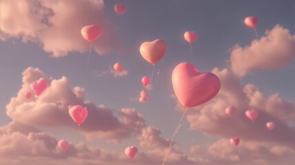 Una escena on&iacute;rica con corazones flotando entre nubes rosadas.